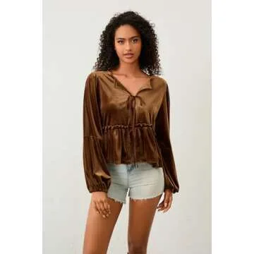 MSBESYOR Women Velvet Bow Tie Blouse for Fall Fashion