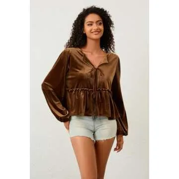 MSBESYOR Women Velvet Bow Tie Blouse for Fall Fashion