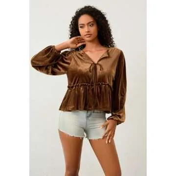 MSBESYOR Women Velvet Bow Tie Blouse for Fall Fashion