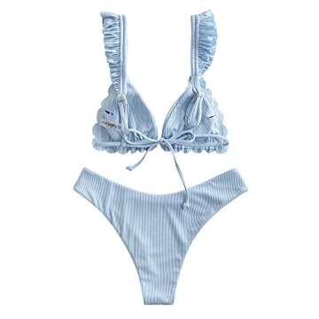 ZAFUL Women's Spaghetti Strap Tie Back Ruffle Triangle Bikini Set Swimsuit (1-Light Blue, M)