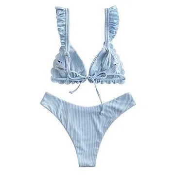 Trendy ZAFUL Light Blue Ruffle Bikini Set for Women