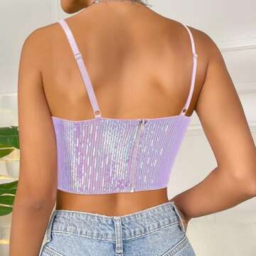 Giovacker Women's Sexy V-Neck Spaghetti Strap Sparkle Sequined Crop Tops Tube Top Bustier Vest Tank Rave Clubwear Camis Tee, Purple/L