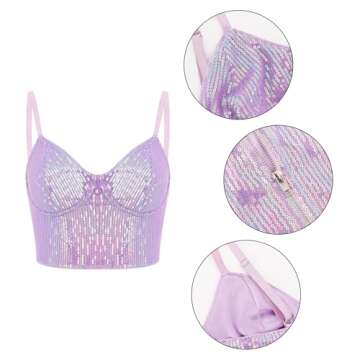 Giovacker Women's Sexy V-Neck Spaghetti Strap Sparkle Sequined Crop Tops Tube Top Bustier Vest Tank Rave Clubwear Camis Tee, Purple/L