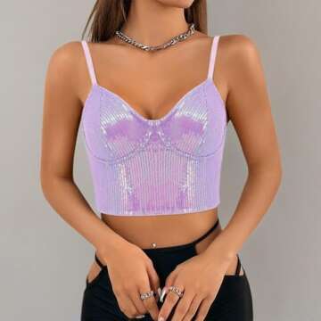 Giovacker Women's Sexy V-Neck Spaghetti Strap Sparkle Sequined Crop Tops Tube Top Bustier Vest Tank Rave Clubwear Camis Tee, Purple/L