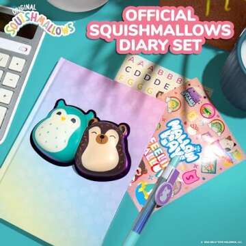 Original Squishmallows Squishy Diary Set, Includes 5 x 7 Diary, 60 Sheets, Kawaii Stickers, Pen, Fun Journaling Kit & Sketchbook for Kids, School Supplies, Journal for Girls