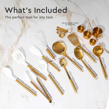 Gold Kitchen Utensils Set - 19-Piece Set Includes Stainless Steel Gold Utensils, White Silicone Tool...