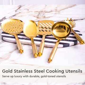 Gold Kitchen Utensils Set - 19-Piece Set Includes Stainless Steel Gold Utensils, White Silicone Tools, and Measuring Cups and Spoons - Luxury Kitchen Accessories for Modern Cooking, Serving, & Gifting