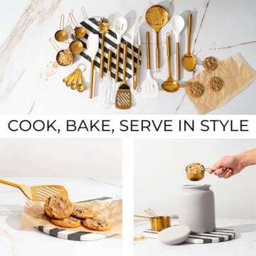 Gold Kitchen Utensils Set - 19-Piece Set Includes Stainless Steel Gold Utensils, White Silicone Tools, and Measuring Cups and Spoons - Luxury Kitchen Accessories for Modern Cooking, Serving, & Gifting