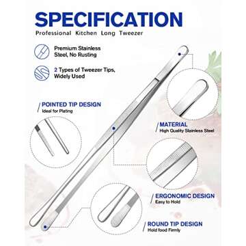 4 Pcs Fine Long Tweezer Tongs Professional Silver, 12'' and 10'' Stainless Steel for Kitchen, Food, ...