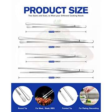 4 Pcs Fine Long Tweezer Tongs Professional Silver, 12'' and 10'' Stainless Steel for Kitchen, Food, Cooking, Repairing, Sea food and BBQ
