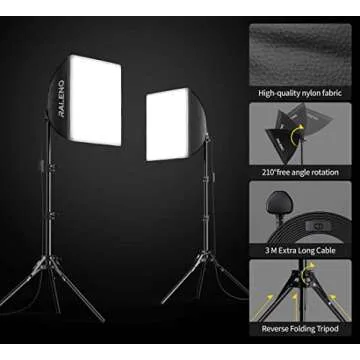 RALENO Softbox Lighting Kit, 2 x 16'' x 16'' Photography Studio Equipments with 50W / 5500K / 95 CRI LED Bulbs, Continuous Lighting System for Video Recording and Photography Shooting Model：PS080