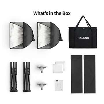 RALENO Softbox Lighting Kit, 2 x 16'' x 16'' Photography Studio Equipments with 50W / 5500K / 95 CRI LED Bulbs, Continuous Lighting System for Video Recording and Photography Shooting Model：PS080