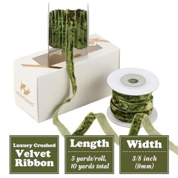 HUIHUANG Velvet Ribbon 3/8" Green Crushed Velvet for Crafts, Gifts & Decor