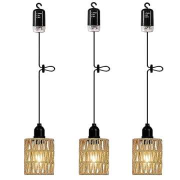 3 Pack Outdoor Chandelier Pendant Light for Gazebo Battery Operated Boho Hanging Lamp Bamboo Handmad...