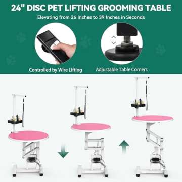 YITAHOME 24" Electric Lift Dog Grooming Table, Rotating Desktop Grooming Table for Dogs at Home, Adjustable Overhead Arm & Tools Organizer Pet Grooming Station for Small Dogs Cats, Pink