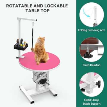 YITAHOME 24" Electric Lift Dog Grooming Table, Rotating Desktop Grooming Table for Dogs at Home, Adjustable Overhead Arm & Tools Organizer Pet Grooming Station for Small Dogs Cats, Pink