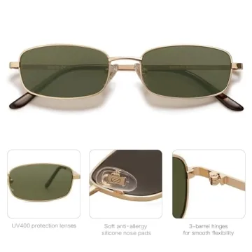 SOJOS Retro Small Narrow Rectangle Sunglasses Gold Green