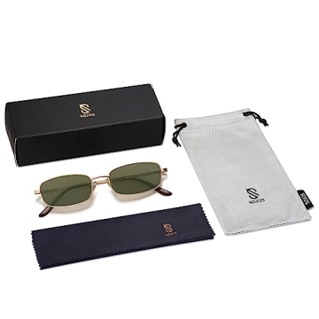 SOJOS Retro Small Narrow Rectangle Sunglasses Gold Green
