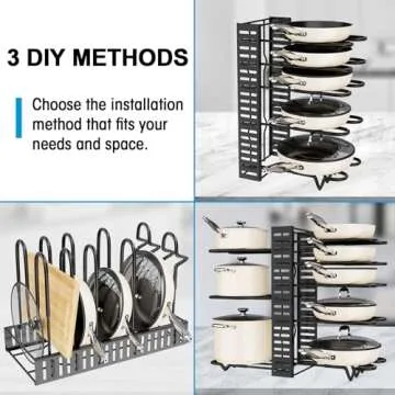 PMYEK Pots and Pans Organizer Rack for Cabinet - 8-Tier Adjustable Storage Rack for Pot, Pan, and Li...