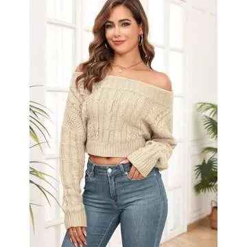 ZAFUL Women's Off Shoulder Cable Knit Crop Top Sweater - Long Sleeve Pullover with Batwing Sleeves