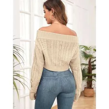 ZAFUL Women's Off Shoulder Cable Knit Crop Top Sweater - Long Sleeve Pullover with Batwing Sleeves