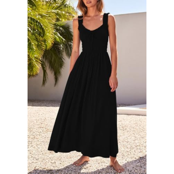 Duigluw Women's Summer Sleeveless Dress Casual Long Maxi Tank Vacation Dresses Smocked Beach Tiered Dress Black S
