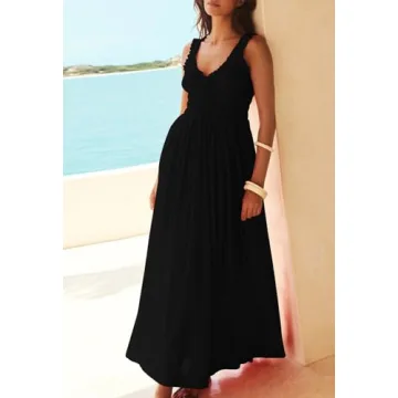 Duigluw Women's Summer Sleeveless Dress Casual Long Maxi Tank Vacation Dresses Smocked Beach Tiered Dress Black S