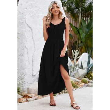 Duigluw Women's Summer Sleeveless Dress Casual Long Maxi Tank Vacation Dresses Smocked Beach Tiered Dress Black S