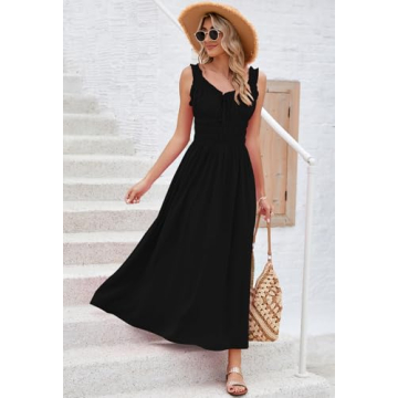 Duigluw Women's Summer Sleeveless Dress Casual Long Maxi Tank Vacation Dresses Smocked Beach Tiered Dress Black S
