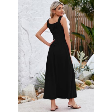Duigluw Women's Summer Sleeveless Dress Casual Long Maxi Tank Vacation Dresses Smocked Beach Tiered Dress Black S