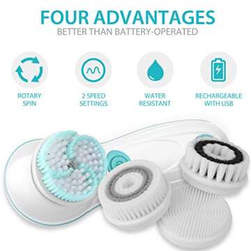 Rechargeable Facial Cleansing Spin Brush Set with 4 Exfoliation Brush Heads - Waterproof Face Spa System by CNAIER - Face Brushes for Cleansing and Exfoliating