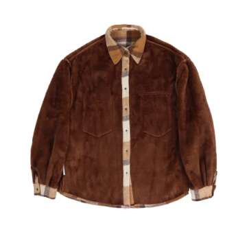 Mundoven Womens Sherpa Lined Flannel Jacket Lapel Button Down Warm Fleece Plaid Shirt Shacket Coat with Pockets(0096-BrownGrey-XL)