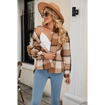 Mundoven Womens Sherpa Lined Flannel Jacket Lapel Button Down Warm Fleece Plaid Shirt Shacket Coat with Pockets(0096-BrownGrey-XL)