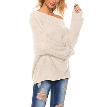 GOLDSTITCH Women's Off Shoulder Batwing Sleeve Loose Oversized Pullover Sweater Knit Jumper Ivory
