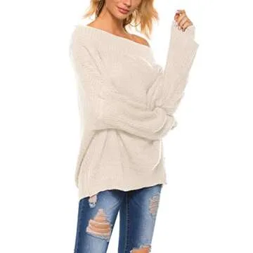 GOLDSTITCH Women's Off Shoulder Batwing Sleeve Loose Oversized Pullover Sweater Knit Jumper Ivory