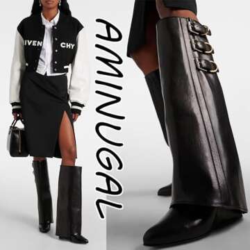 AMINUGAL Black Knee High Boots for Women Wide Calf Fold Over Boots Pointed Toe Wedge Boots Pull On S...