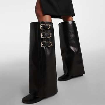 AMINUGAL Black Knee High Boots for Women Wide Calf Fold Over Boots Pointed Toe Wedge Boots Pull On Shark Boots Fashion Buckle Long Boots Fall Boots for Women Dressy Party Casual Vintage Boots Size 7.5