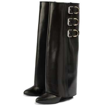 AMINUGAL Black Knee High Boots for Women Wide Calf Fold Over Boots Pointed Toe Wedge Boots Pull On Shark Boots Fashion Buckle Long Boots Fall Boots for Women Dressy Party Casual Vintage Boots Size 7.5