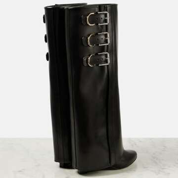 AMINUGAL Black Knee High Boots for Women Wide Calf Fold Over Boots Pointed Toe Wedge Boots Pull On Shark Boots Fashion Buckle Long Boots Fall Boots for Women Dressy Party Casual Vintage Boots Size 7.5