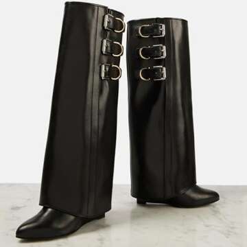 AMINUGAL Black Knee High Boots for Women Wide Calf Fold Over Boots Pointed Toe Wedge Boots Pull On Shark Boots Fashion Buckle Long Boots Fall Boots for Women Dressy Party Casual Vintage Boots Size 7.5