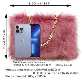 FHQHTH Faux Fox Fur Purse Fuzzy Handbags for Women Evening Handbags Al alloy Shoulder Strap [Dark Pink]