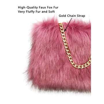FHQHTH Faux Fox Fur Purse Fuzzy Handbags for Women Evening Handbags Al alloy Shoulder Strap [Dark Pink]