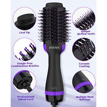 3 in 1 Hair Dryer Brush,BOLCHEK One-Step Blow Dryer Comb with 75mm Ceramic Oval Barrel,Hot Air Tools for Styling Straightening Curling Fast Drying