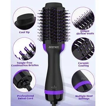 3 in 1 Hair Dryer Brush,BOLCHEK One-Step Blow Dryer Comb with 75mm Ceramic Oval Barrel,Hot Air Tools for Styling Straightening Curling Fast Drying