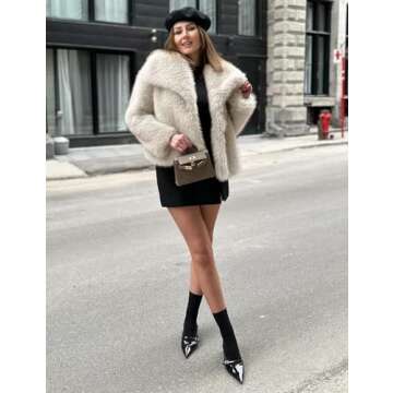 Yimoon Women's Cropped Faux Fur Jacket Lapel Open Front Shaggy Furry Coat 2024 Winter Warm Fluffy Overcoat(Apricot-M)