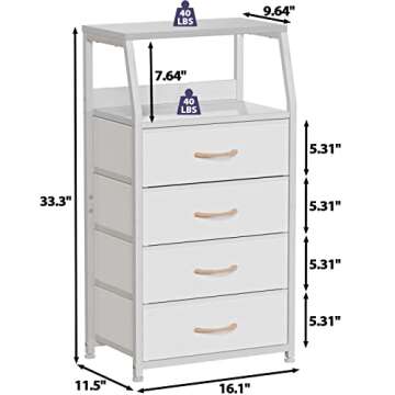 Furnulem Tall 4 Drawers Dresser, Vertical Storage Tower for Bedroom, Hallway, Entryway, Nursery, Closet Organizer, Nightstand Bedside Table Furniture, Sturdy Steel Frame, Wood Top, White