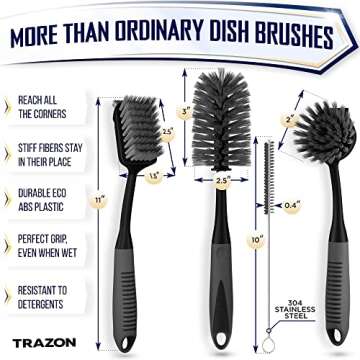 Dish Brush Set of 4 with Bottle Water Brush, Dish Scrub Brush, Scrubber Brush and Straw Brush - Kitc...