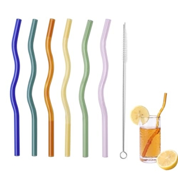 6 Pcs Wavy Glass Straws - Colorful Reusable Glass Straws with Cleaning Brush for Delicious Drinks