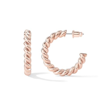 PAVOI 14K Gold Plated 925 Sterling Silver Twisted Rope Round Hoop Earrings in Rose Gold