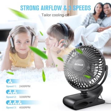 BESKAR Small Clip on Fan - 3 Speeds USB Plug Fan